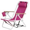 Folding Beach Chair Set of 2 for Adults, 4 Position Portable Backpack Foldable Camping Chair with Headrest Cup Holder and Wooden Armrests, Pink