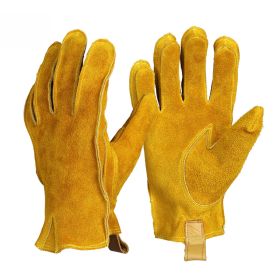 Man Work Gloves Stretchable Tough Grip Leather for Utility Construction Wood Cutting Cowhide Gardening Hunting Gloves 2010 (Color: Yellow-No Logo, size: M)