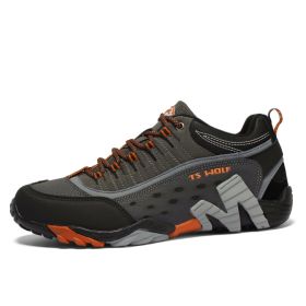 Outdoor Lover Trekking Shoes Men Waterproof Hiking Shoes Mountain Boots Genuine Leather Woodland Hunting Tactical Shoes (Color: Men-Dark gray-Orange, size: 42)