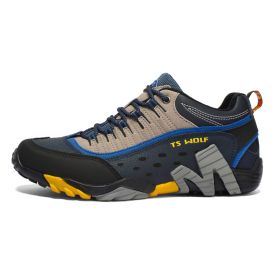 Outdoor Lover Trekking Shoes Men Waterproof Hiking Shoes Mountain Boots Genuine Leather Woodland Hunting Tactical Shoes (Color: Men-Dark blue-Yellow, size: 37)