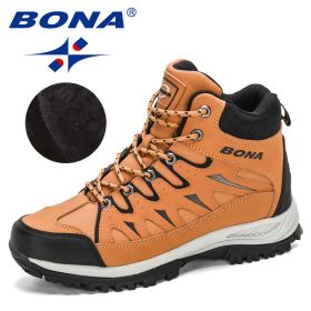 BONA 2022 New Designers Nubuck Mountain Climbing Shoes Men Plush Quality Outdoor Trekking Shoes Man Sneakers Hunting Boots Comfy (Color: Earth yellow black, size: 10.5)